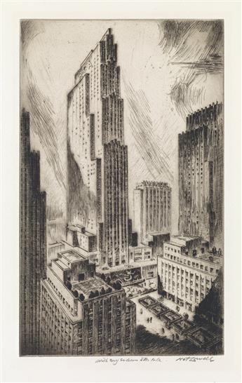 NAT LOWELL Two etchings of New York.